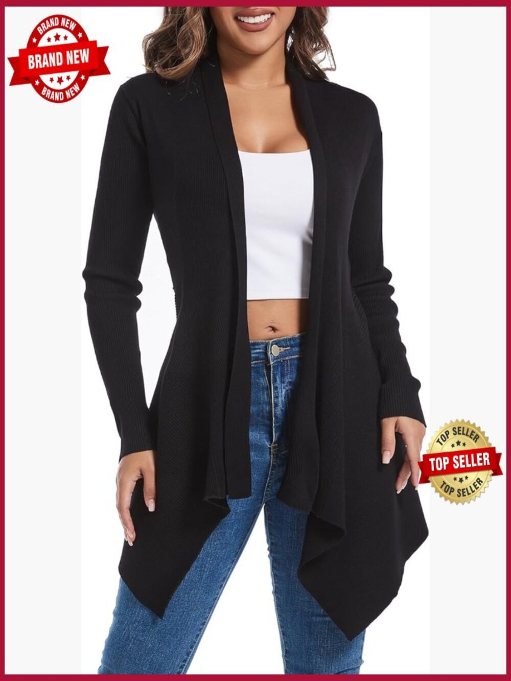 Open Front Draped Cardigan Ribbed Knit Long Sleeve Asymmetrical Hem